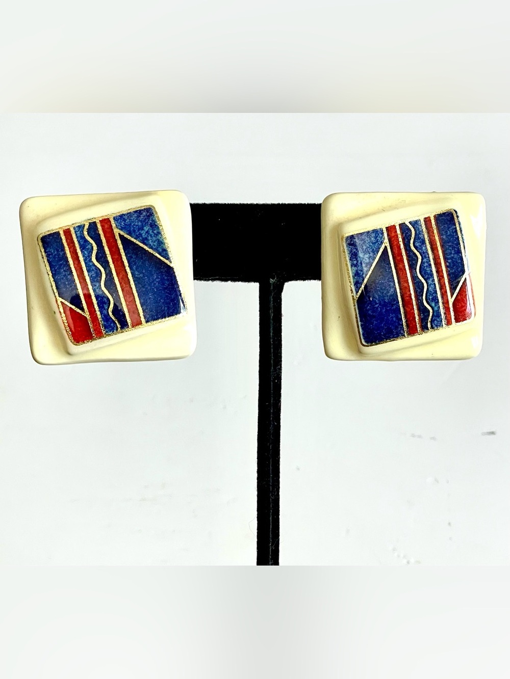 Vintage Memphis Style Geometric Earrings Blue Red Cream Abstract Postmodern Art